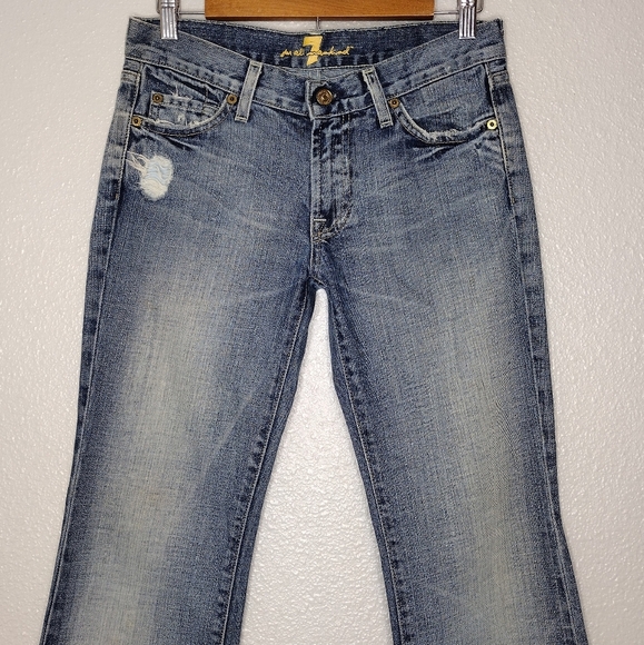 7 For All Mankind Y2k Blue Denim Distressed Flare Wide Leg Jeans Sz 27 - Picture 4 of 16